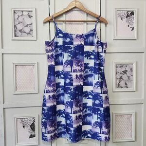 Vtg Y2K Old Navy Stretch Dress L Palm Tree Photo Print Shelf Bra Spaghetti Strap